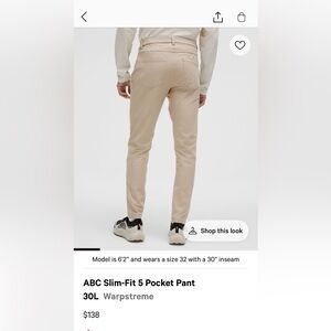 34x30 Lululemon ABC Slim-Fit 5 Pocket Pants – 30L (Warpstreme) tan